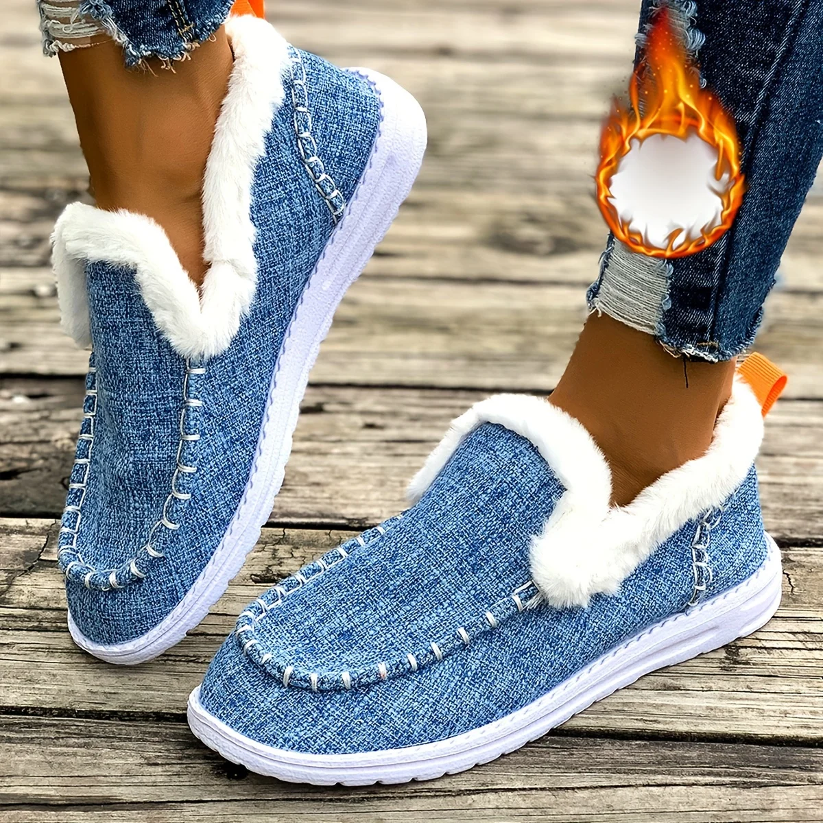 Women Winter Denim Fabric Fuzzy Fleece Lined Loafers Slip On Warm Moccasin Shoes Non Slip Wear-resistant Soft Sole Platform Casual Walking Ankle Snow Boots Comfort Thermal Flats for Daily Driving Outdoor Indoor Home Wear Multi Fashion Colors Available view 5