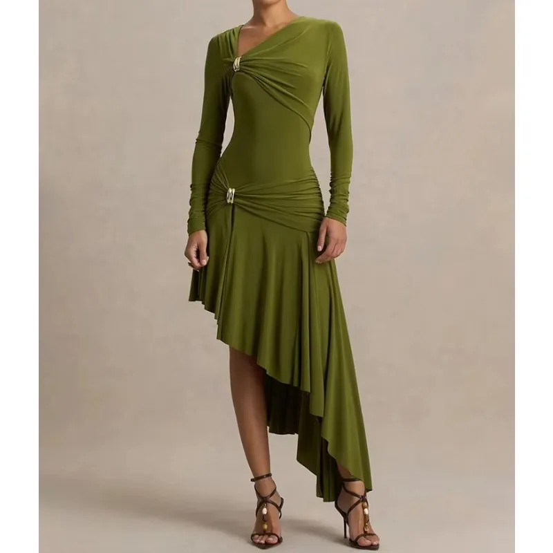 Irregular Long Sleeve Sexy Maxi Dress Women Gown Elegant Diagonal Collar Split Ruffle Ruched Club Party Long Dresses