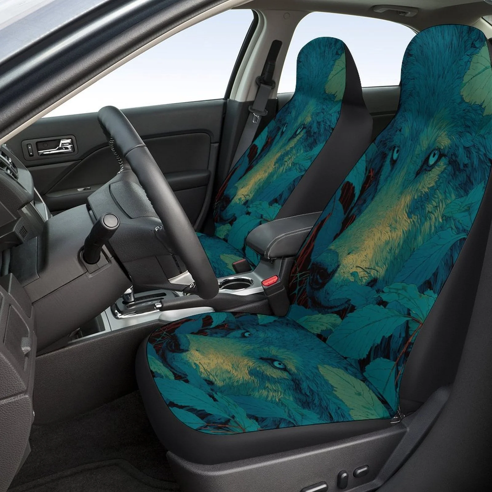 Car Seat Cover Set Featuring A Wolf Design On Leaves, Suitable For Various Vehicles. Stylish And Unique, This Full Set Includes