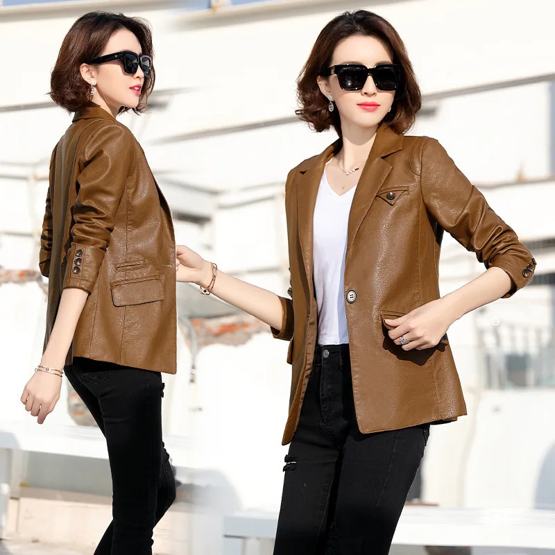 2024  Spring and Autumn New Mid length Fashion Slim Fit Sheepskin Leather Coat for Women's Versatile Small Suit Coat