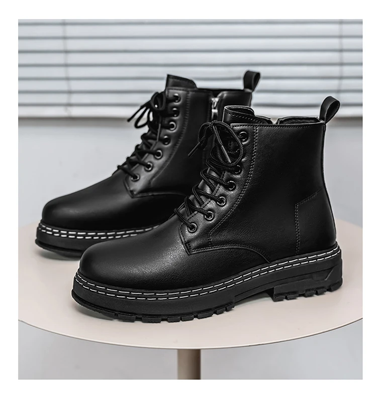 Britischer Stil Schwarze Hohe Arbeitsstiefel, Plattform-Höhenverstellbare Knöchelstiefel für Outdoor & Pendeln – Detail 9