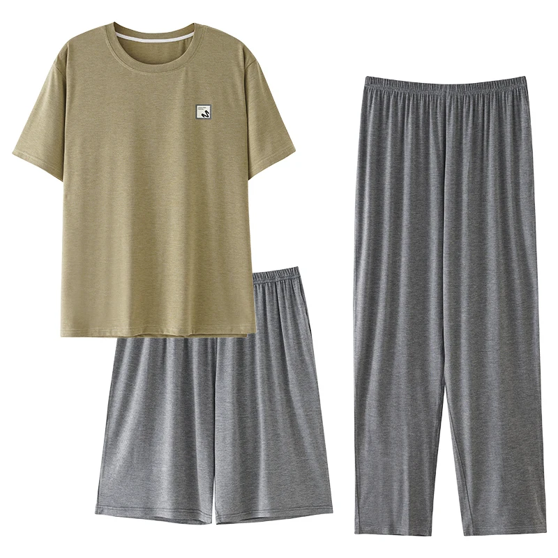 Long Pants+Short Sleeve Tops+Shorts 3 Pcs/set Men Pajamas Sets Fashion Solid Nightwear Summer Pyjamas Male Soft Modal Sleepwear