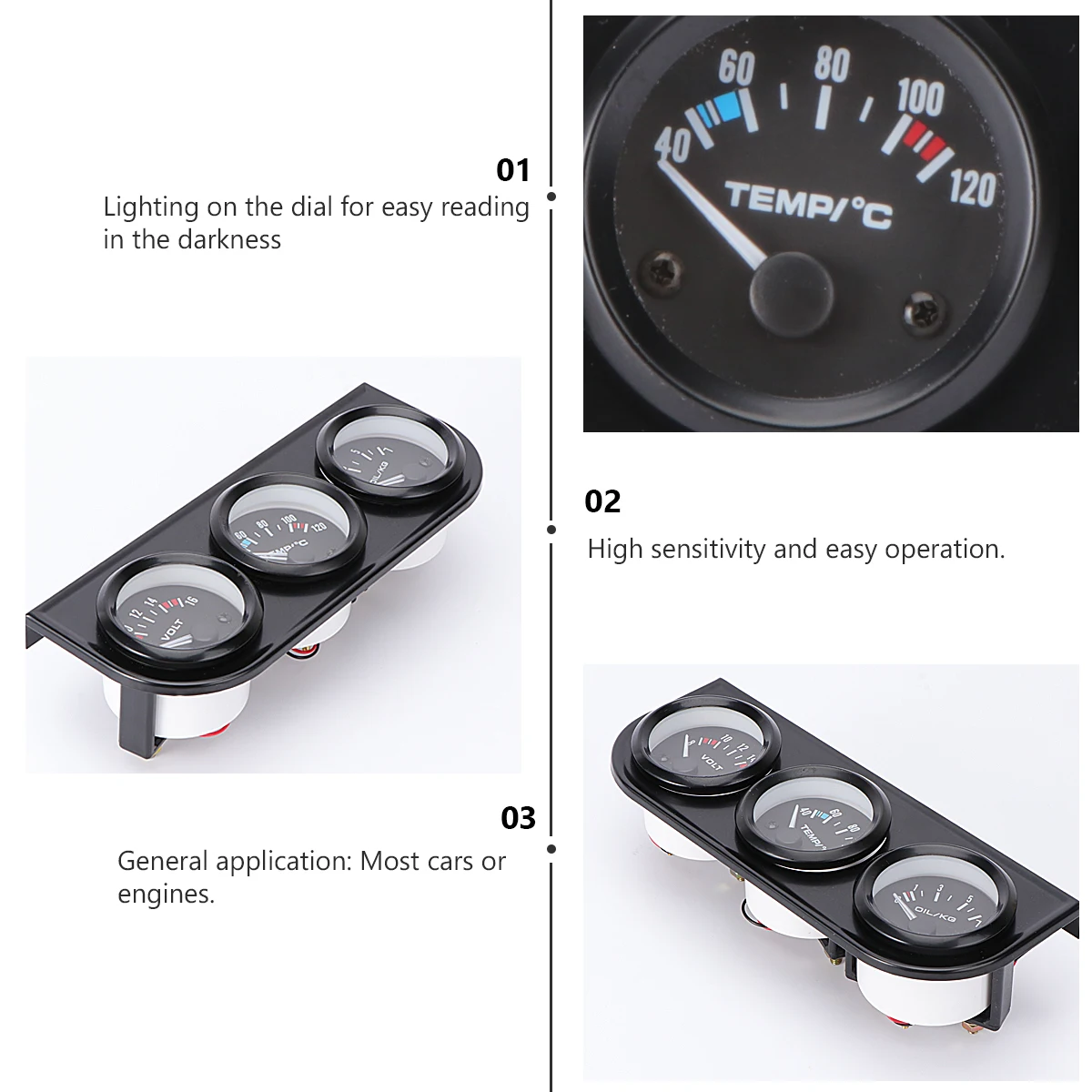 

52Mm Triple 3In1 Car Meter Oil Temp Water Gauge Pressure Sensor Universal Fit High Sensitive Dashboard For Most Motors Auto