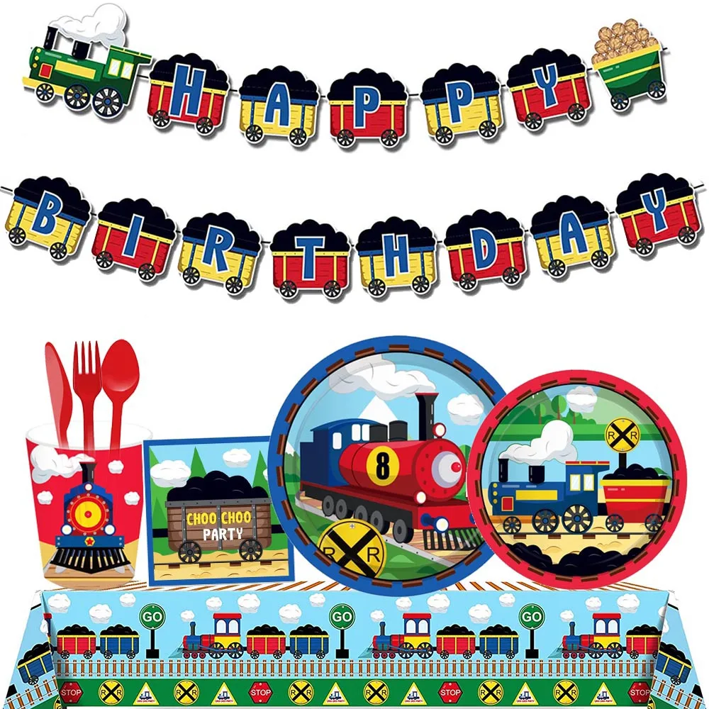 Train Birthday Party Supplies Train Tableware Paper Plate Cup Napkin Happy Birthday Banner And Train Balloon Boy Birthday Party