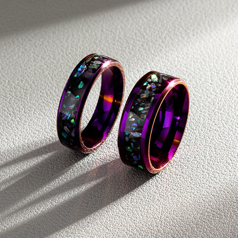 Fashion 8mm Purple Stainless Steel Rings For Men Women Inlay Colorful Abalone Shell Rings Men Wedding Band Jewelry Drop Shipping