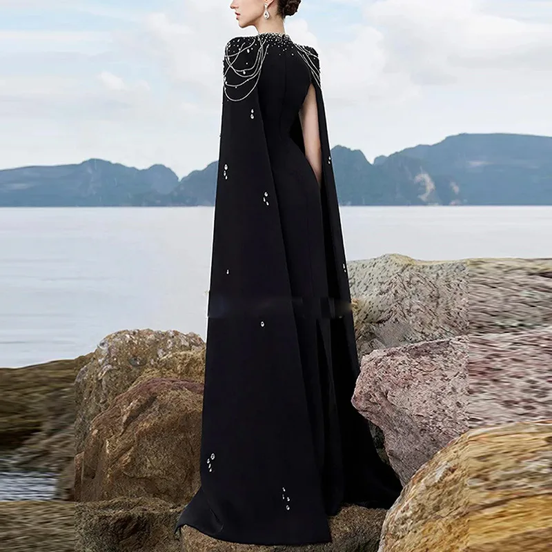Evening Dress New Heavy Industry Beads Lanyard Shawl Sleeve and Floor Long Dress