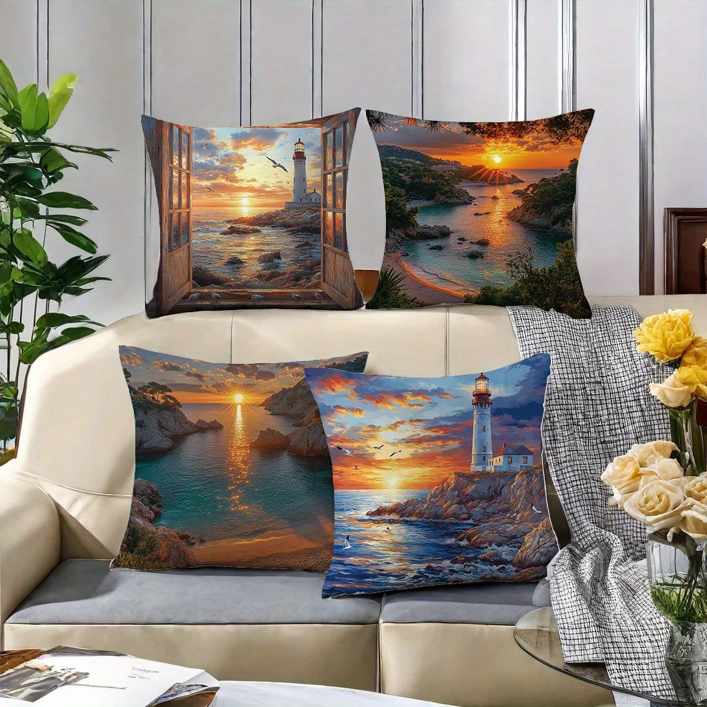 4-piece Coast Sunset pillowcase set, featuring patterns of beach, waves, shells, and turtles, living room sofa decoration