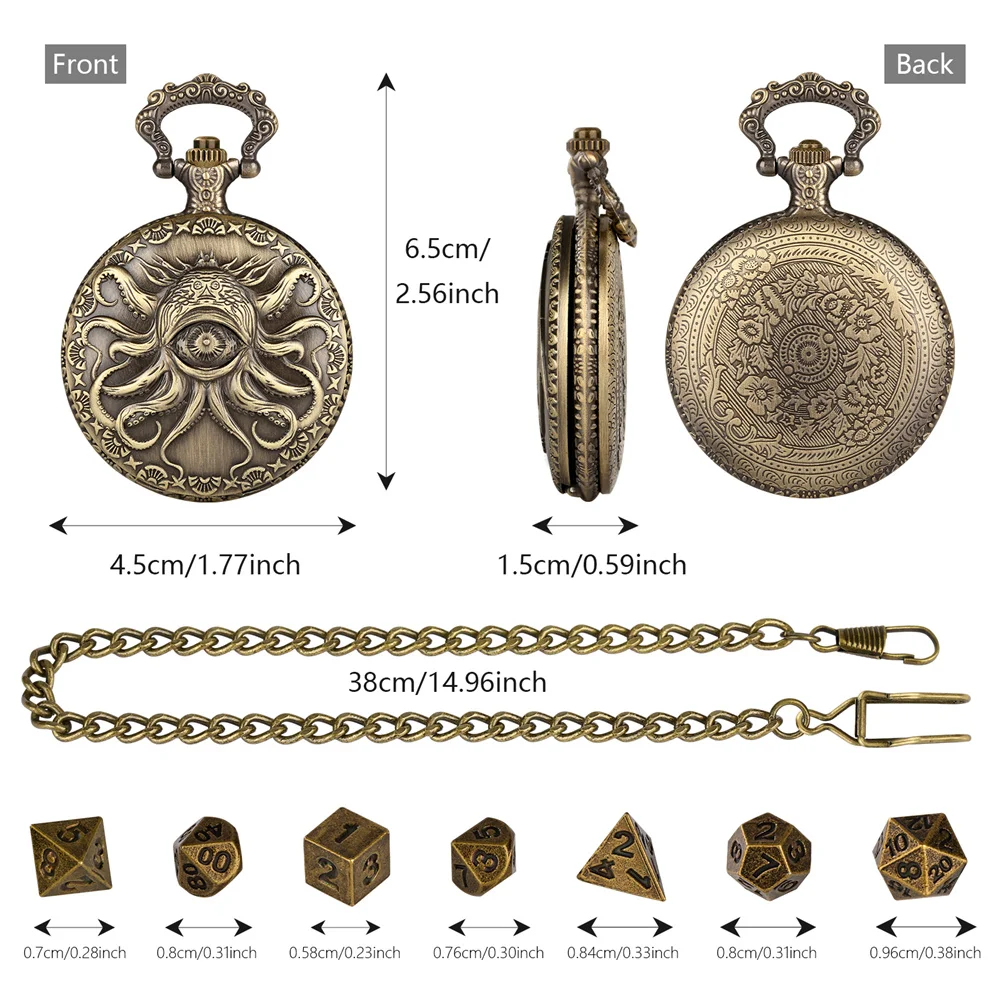 Vintage Octopus Eye Design Pocket Watch Case with 7pcs/Set Mini Polyhedral Metal Dice Set Table Role Play Gaming Dices