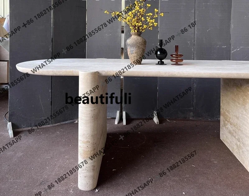 ZJnatural travertine dining table light luxury long dining table high sense household atmosphere multi-person dining table