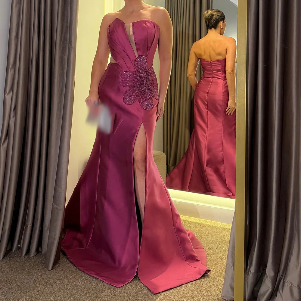 

Customized Mermaid Prom Dresses Floor-Length Strapless Sleeveless Evening Gown Fashion Sequined Side Split Backless Party Gown
