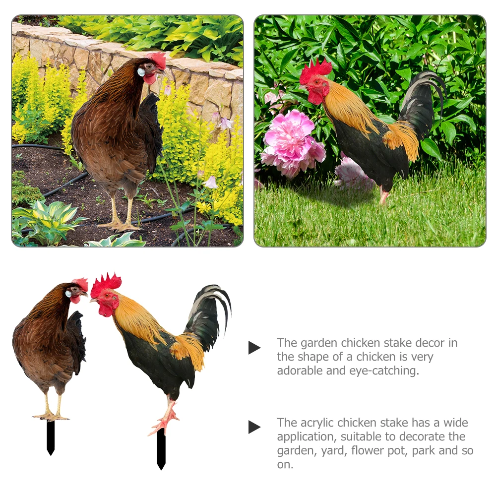 

2 Pcs Rooster Hen Garden Plugin Chicken Shape Animal Stake Decorative Yard Ornament Acrylic Outdoor Garden Decor Durable