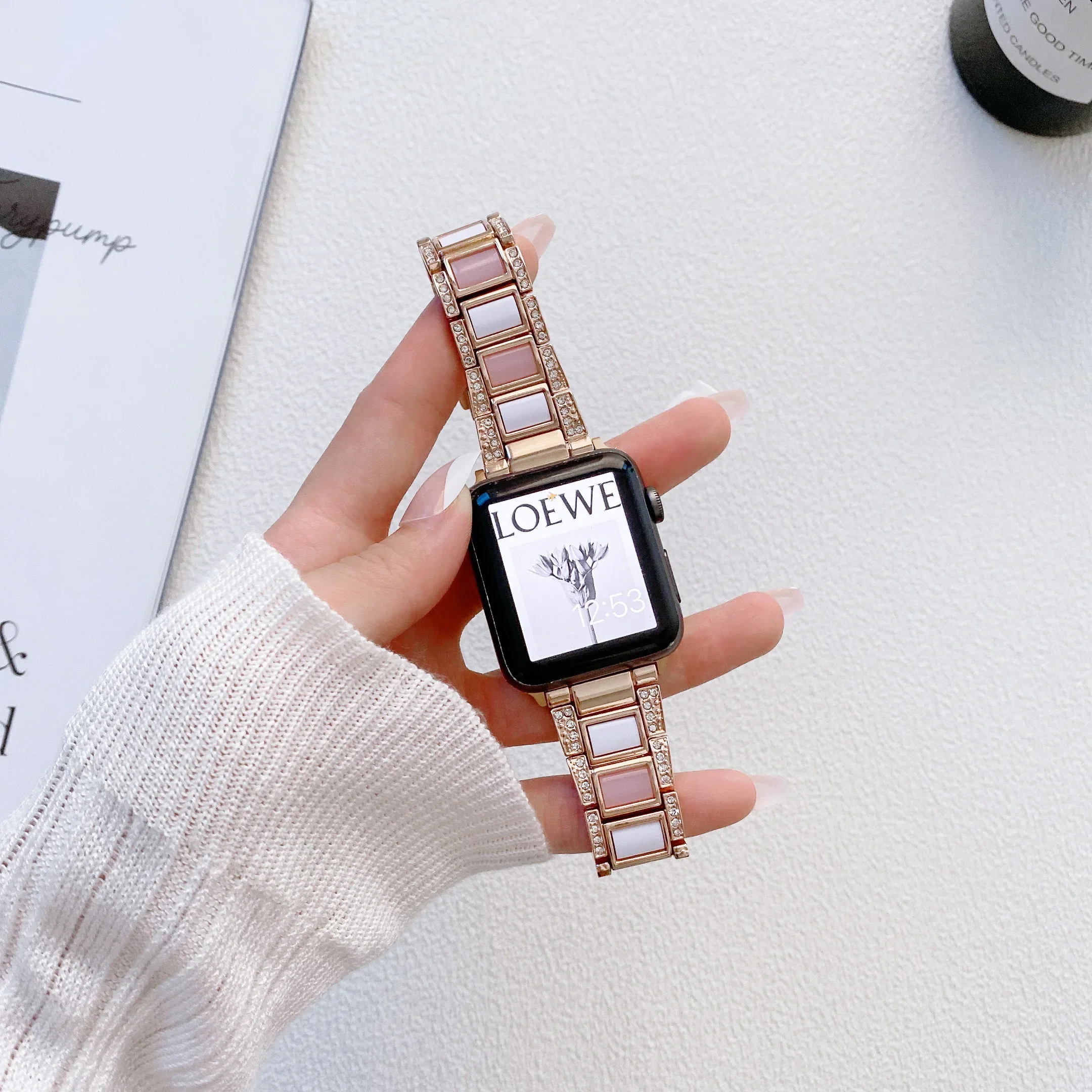 Metal+Resin Strap For Apple watch 45mm 41mm 44mm 40mm 42mm 46mm 49mm Women Diamond Bracelet iWatch Ultra 10 9 8 7 6 5 4 Correa