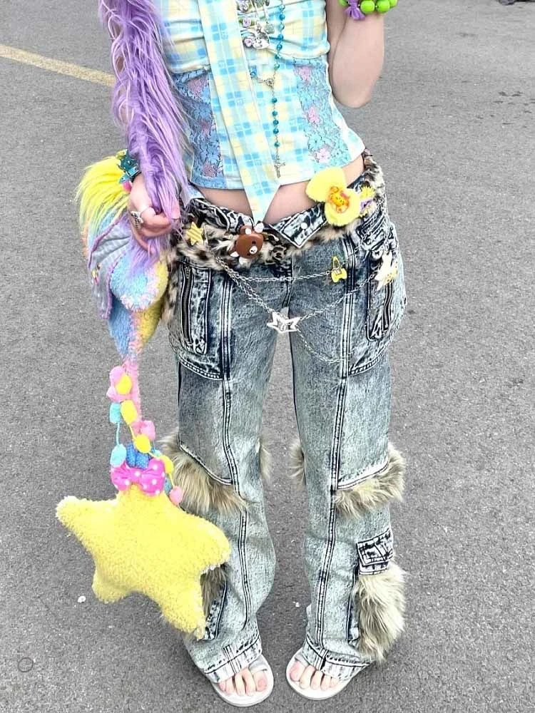 

Women's Plush Splicing Design Micro Flared Jeans Cool Girl Autumn Hiphop Trousers Casual Bottoms Female Street Cargo Denim Pants