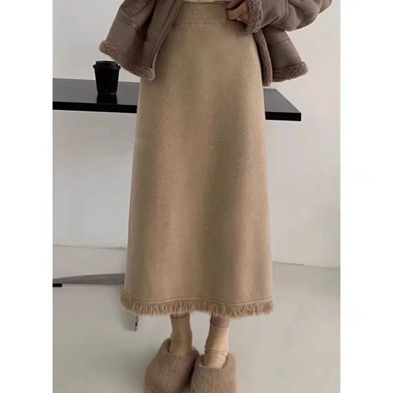 Women's Autumn and Winter Design Fringe Knitted Half Body Skirt, Split Knitting Wool Thread Wrapped Hip A-line Half Body Skirt