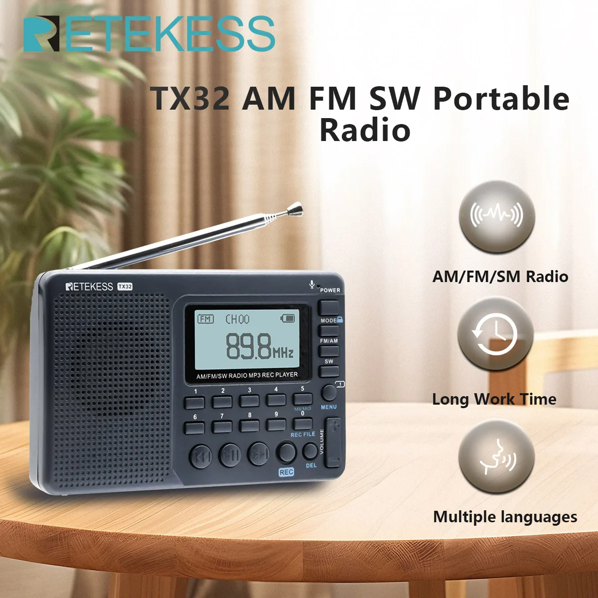 RETEKESS V115 Blue Radio FM AM SW Portable Radios Rechargeable  Radio Batteries multiple bands  USB Recorder Speaker for Elders