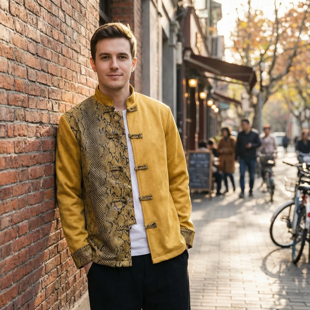 

Традиционная китайская одежда, весенняя мужская замшевая бархатная куртка контрастного цвета с отстрочкой, ретро-пиджак Hanfu Tang, уличная одежда