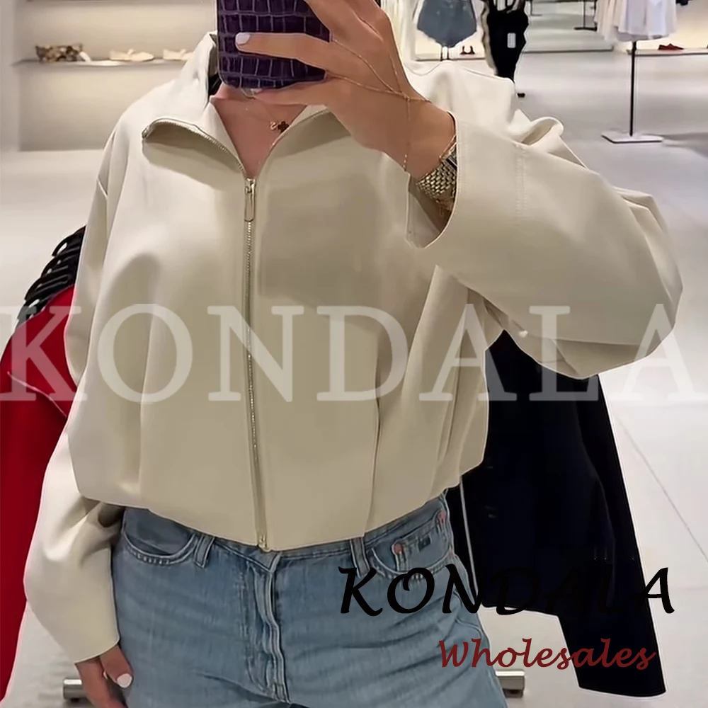KONDALA Vintage Solid Fashion 2026 Autumn Women Jacket Zipper Modern Chic Pleated Outwear Long Sleeve Streetwear Female Outwear