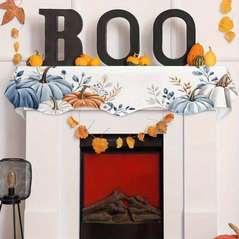 Fall Thanksgiving Fireplace Mantel Scarf Blue White Pumpkin Leaf Mantel Topper Rustic Autumn Fireplace Home Holiday Decoration