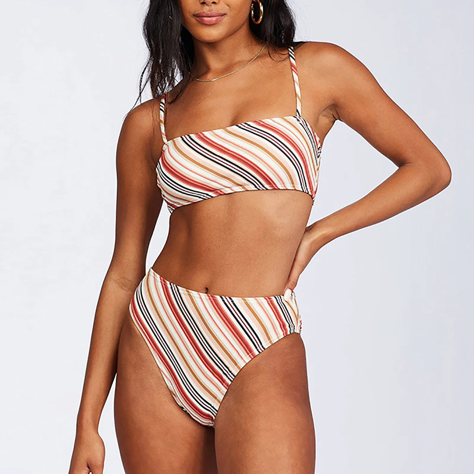 

Women Swimsuit Sexy Stripe Split Stitching Printing Solid Print Summer Bathing Suit Biquinis Female Swimwear Tankinis