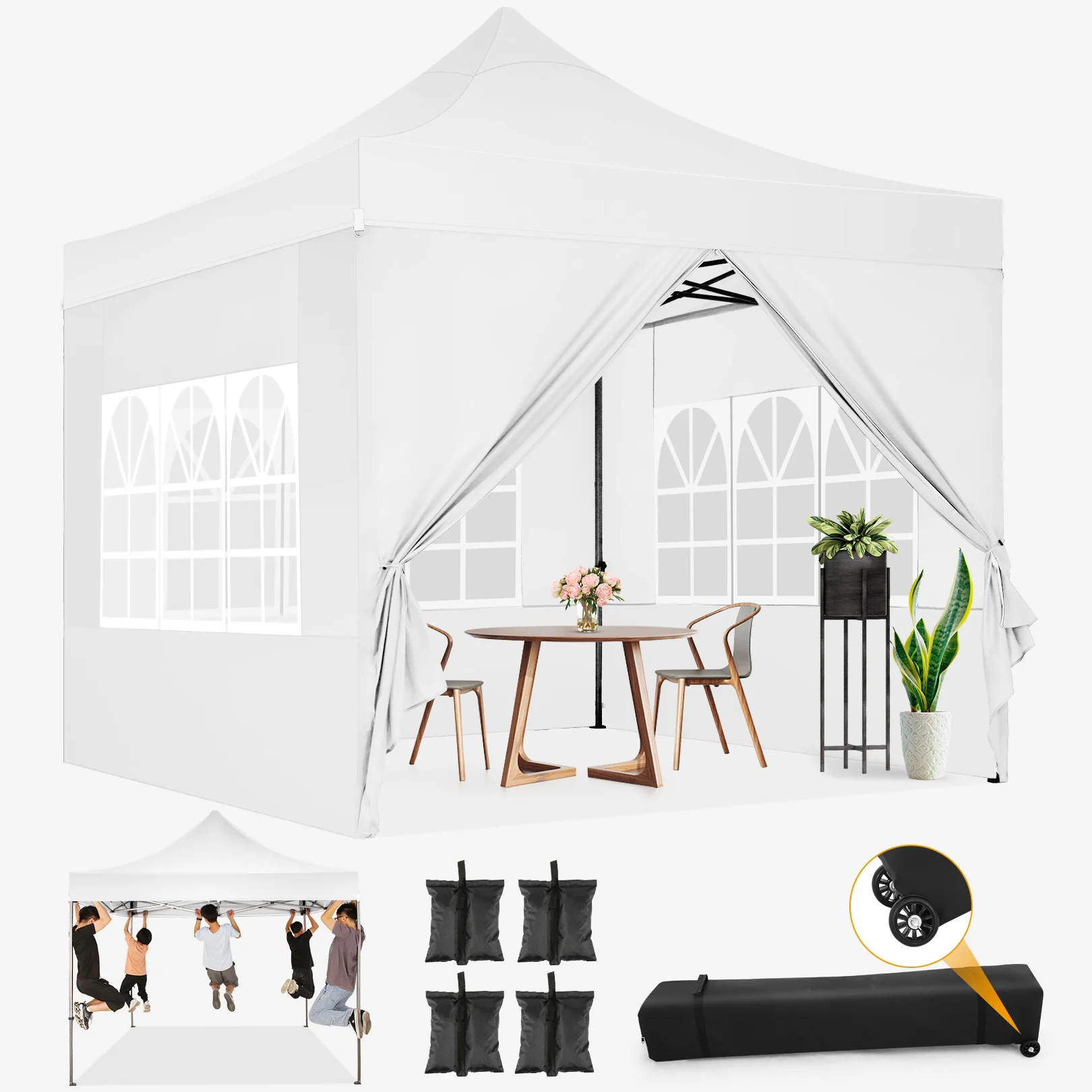 10x10FT Pop Up Canopy Tent with 4 Sidewalls Heavy Duty Commercial Party Tent UPF 50+ Sun Shade Waterproof Outdoor Gazebo Windproof Event Shelter w/ Roller Bag