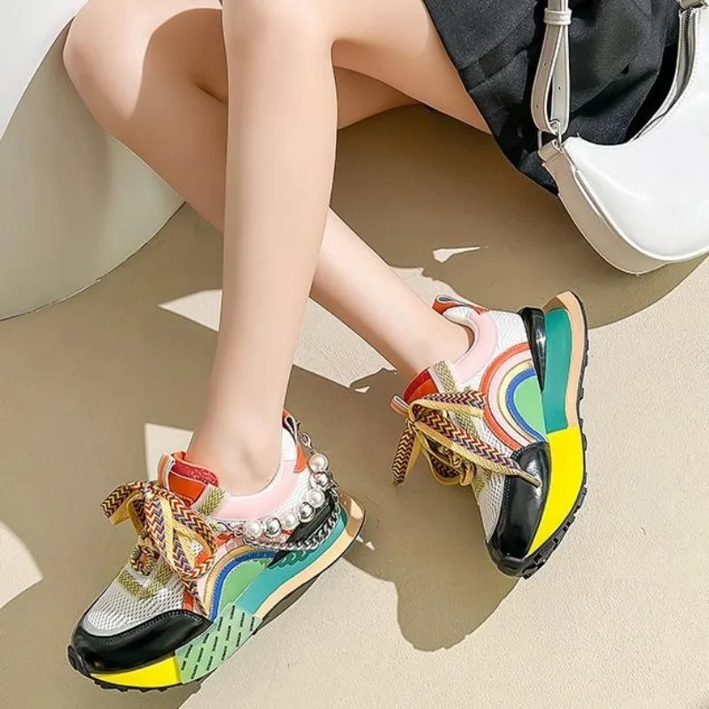 

New Lace Up Iridescent Pearl Chain Decorative Women's Vulcanized Shoes Women's Platform Sneakers Zapatos De Mujer Women Shoes