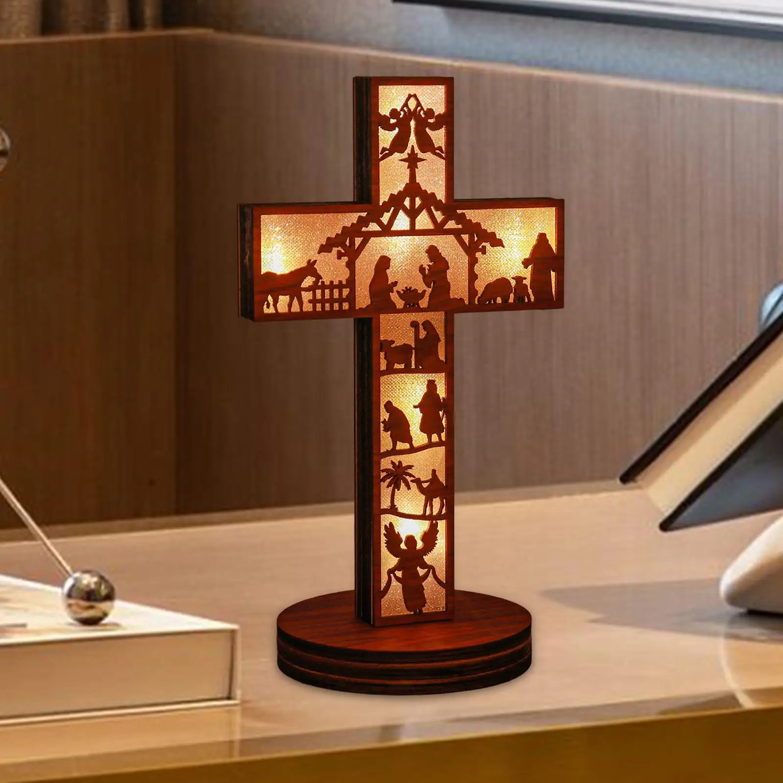LED Wooden Nativity Scene Light Up Tabletop Sculpture for Christmas Decoration and Living Room Interior