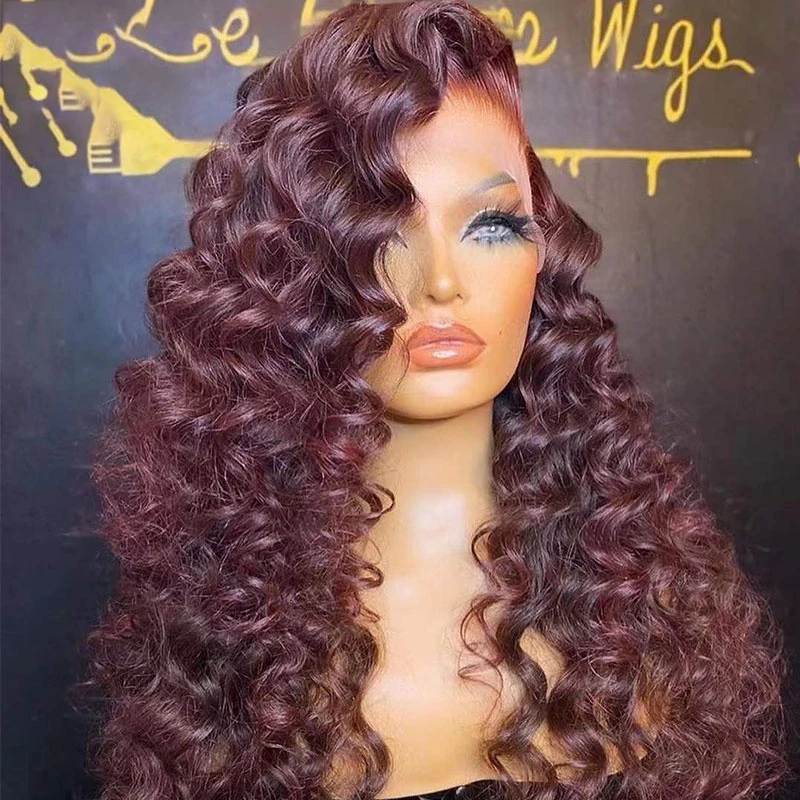 

Burgundy 180%Density 26“Long 99j Deep Wave Curly Natural Hairline Glueless Lace Front Wig For Black Women Babyhair Preplucked