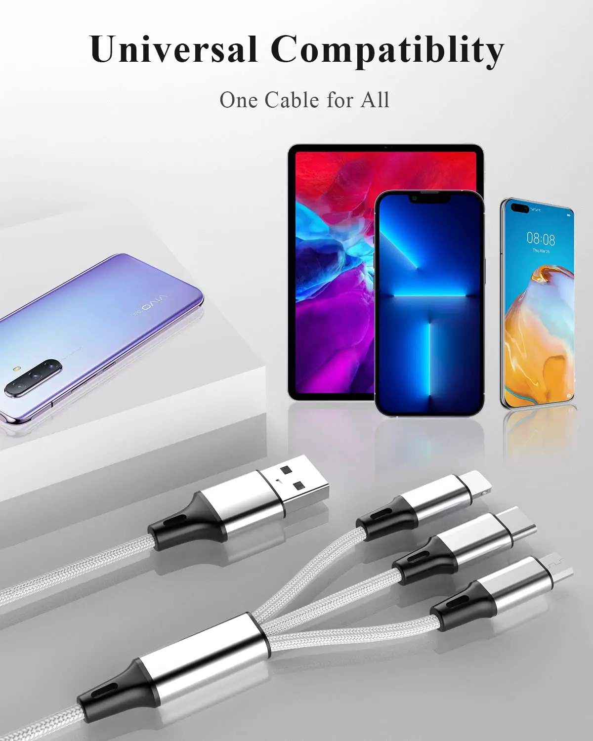 10PCS 3 In 1 Fast Charger Cord Connector Multi USB Charging Cable Compatible 12 11 Pro 8 7 6 Samsung Galaxy 4FT/2Pack Charging