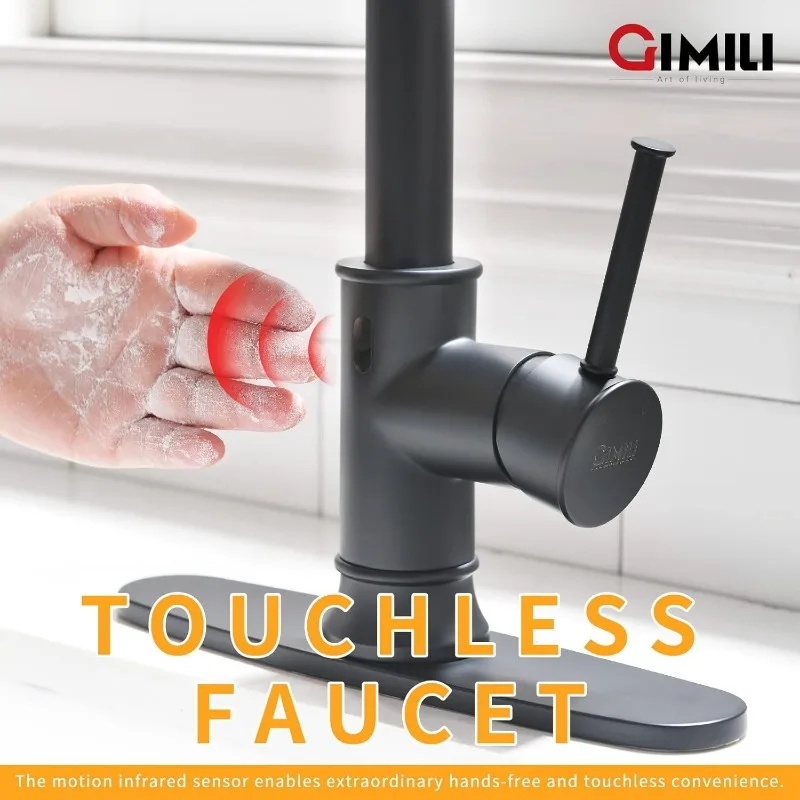 Matte Black Touchless Kitchen Faucet with AC Adapter, Motion Sensor Smart Hands Free Single Handle Kitchen Sink Faucet