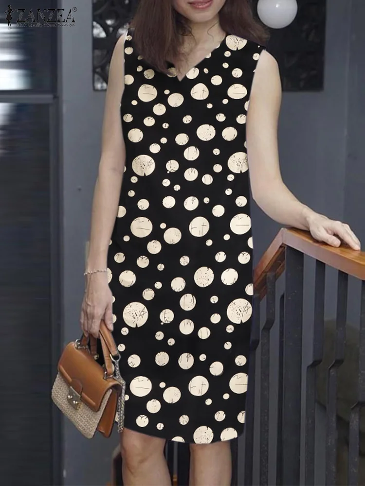 2024 Summer Polka Dot Vestidos ZANZEA Women v-neck Knee Dress Casual allentato senza maniche Tank Robe Fashion coreano Vacation Sundress