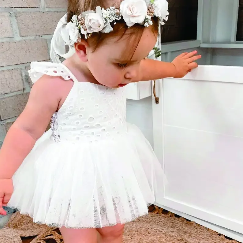 

White baby girl romper Tulle tutu dress Cake Smash outfit girl Summer Cotton lace sundress Toddler 1st Birthday Baptism Newborn