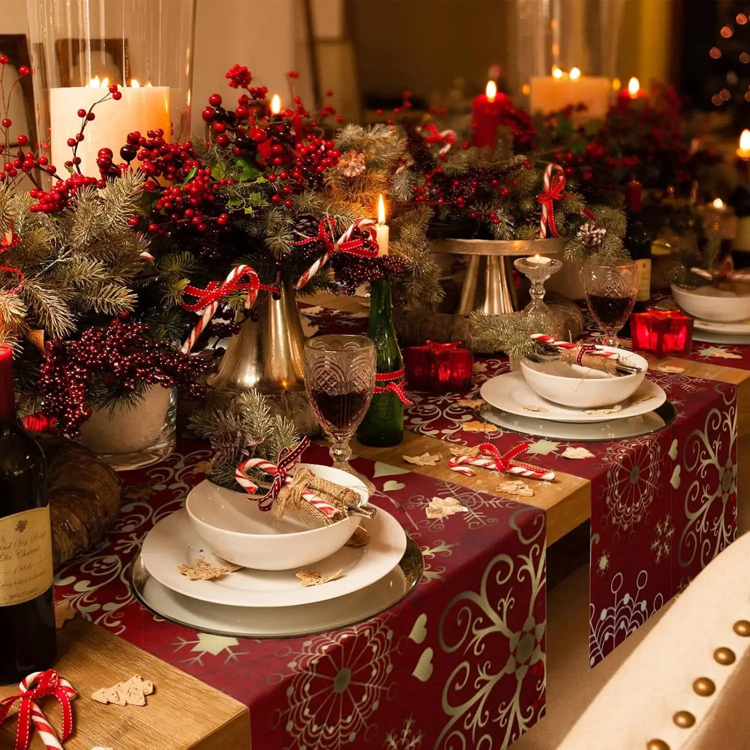 Christmas-Snowflake Non-Slip White Red Gold Linen table runners Wedding decoration durable dining table runners party supplies