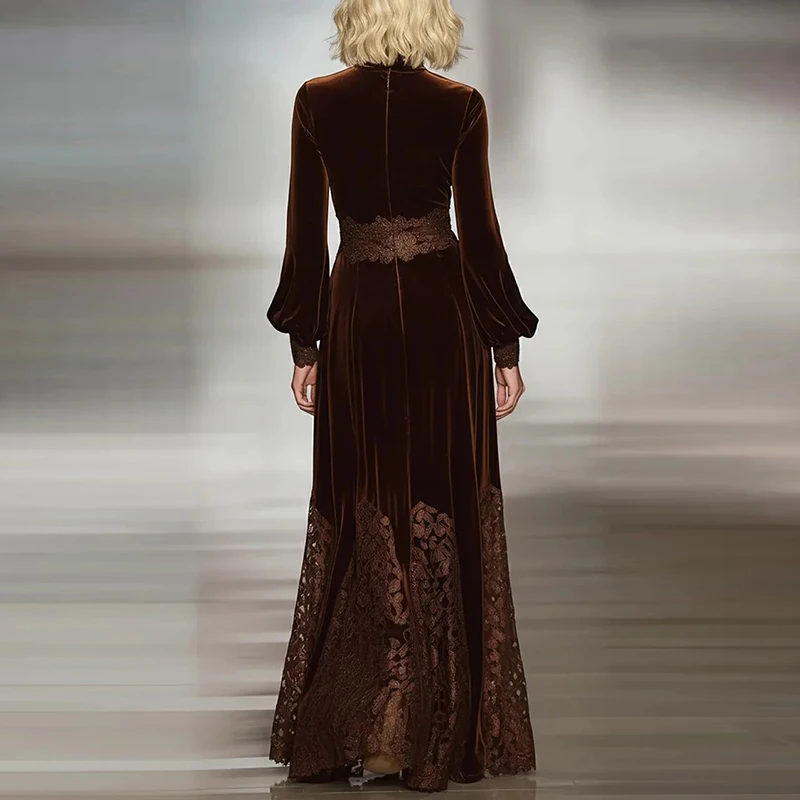 

Vintage Velvet Long Sleeve Pleat Evening Dress Elegant High Waist Print Spliced Maxi Dress Spring Autumn Women's Commute Dresses