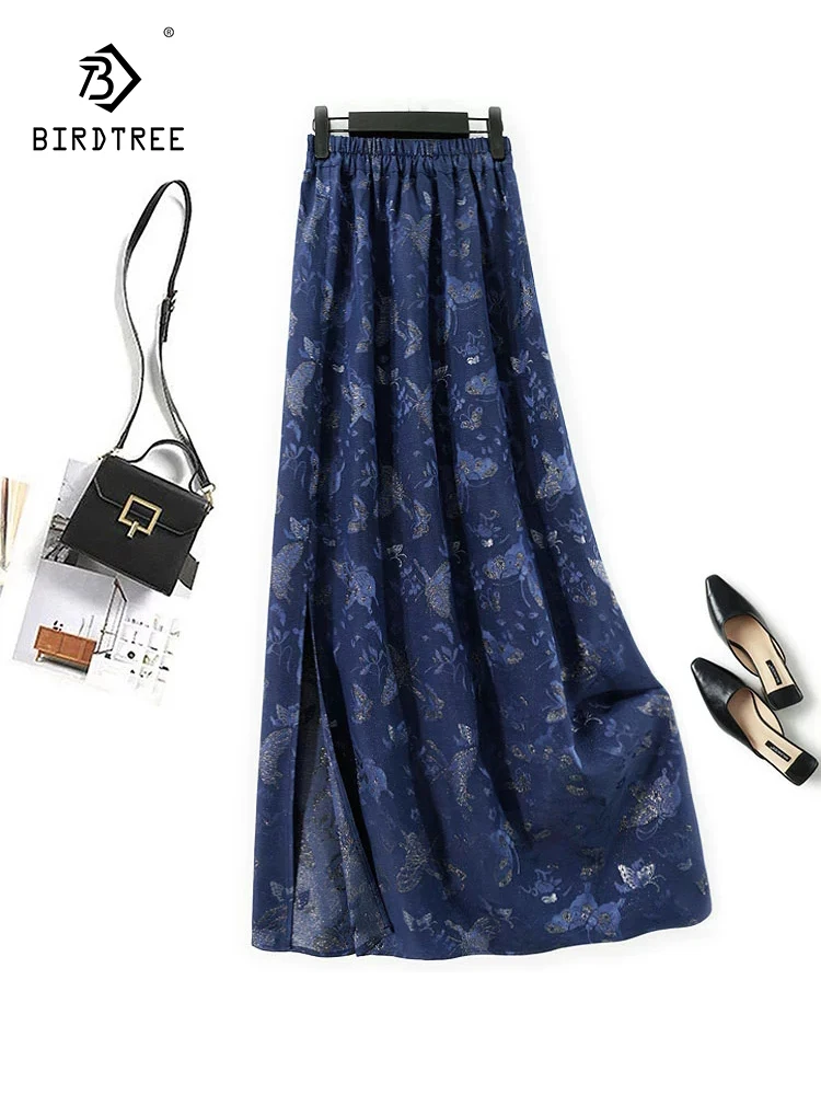 

BirdTree-Women 32MM 35%Silk 65%Wool Elegant Skirts, Elastic Waist Jacquard, Retro Temperament Casual Skirt, 2025 Autumn B5O304CC