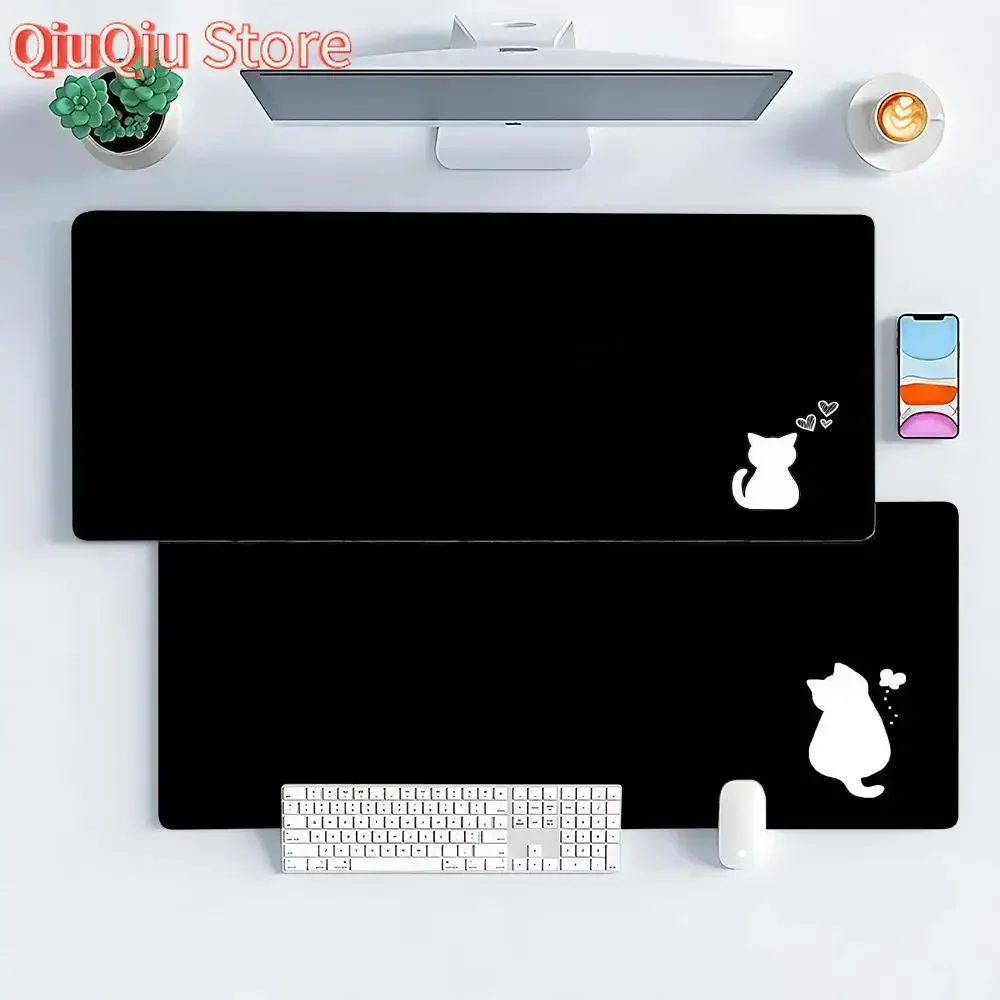 

Black Mouse Pad Cat Theme Large Computer Office Game Table Mat XXL Rubber Anti-slip Stitched Edges Keyboard Mats Long Desk Pads