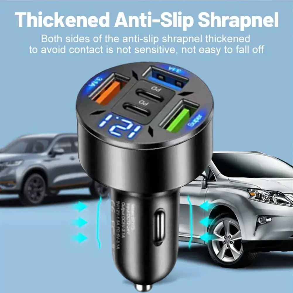 250W 5-in-1 PD QC3.0 Car Charger Fast Charging USB C Car Phone Charger Adapter With Voltage Multi-Port Cigarette Lighter Adapter