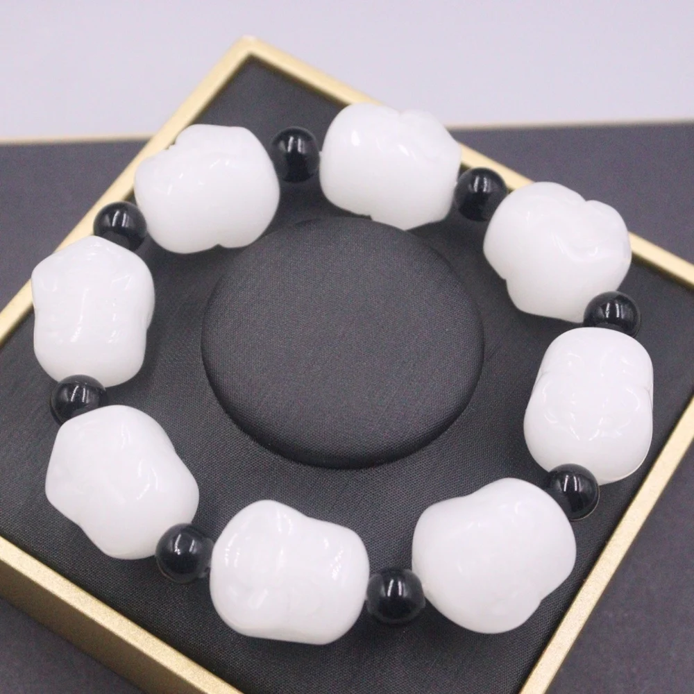 Natural White Jade Men Women Lucky Bless Carved Buddha Head Beaded Bracelet