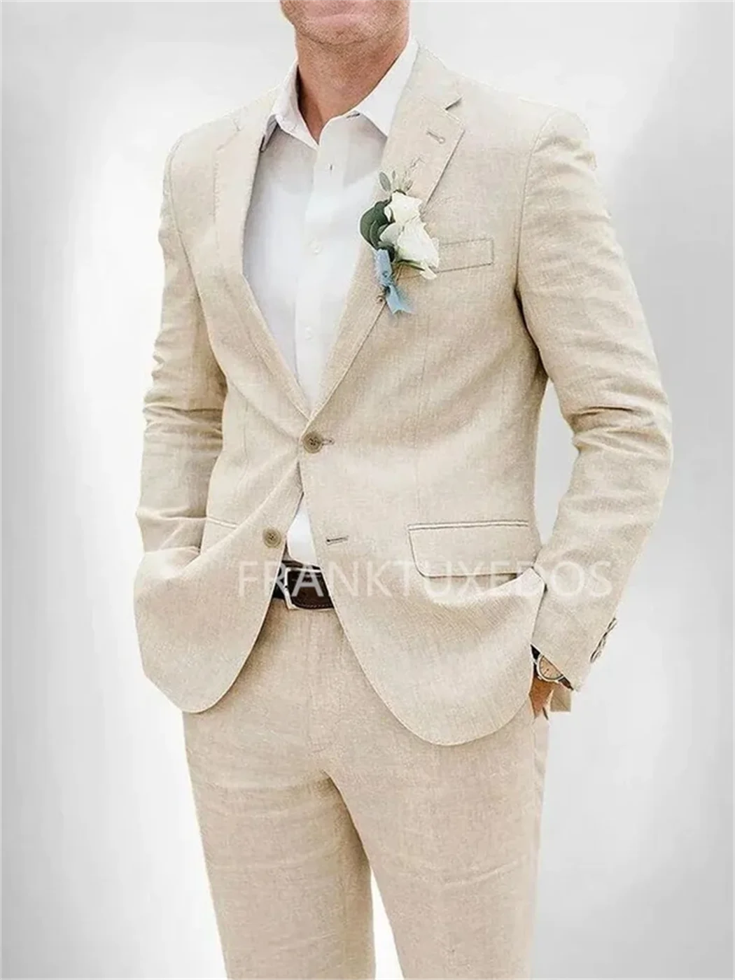 2 Pieces Beige Linen Men Wedding Tuxedos Slim Fit Men Suits Notched Lapel Two Buttons Jacket with Pants Casual Set for Summer