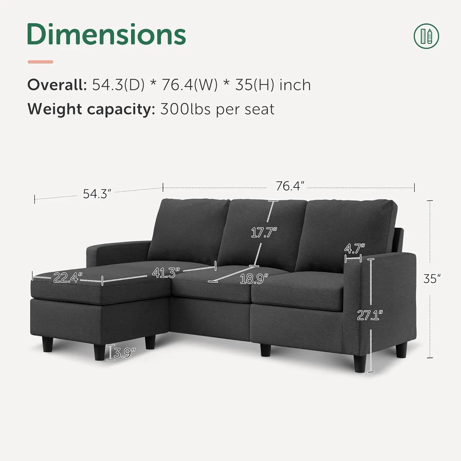 HONBAY Convertible Sectional Sofa, L Shaped Couch with Reversible Chaise for Small Space, Black