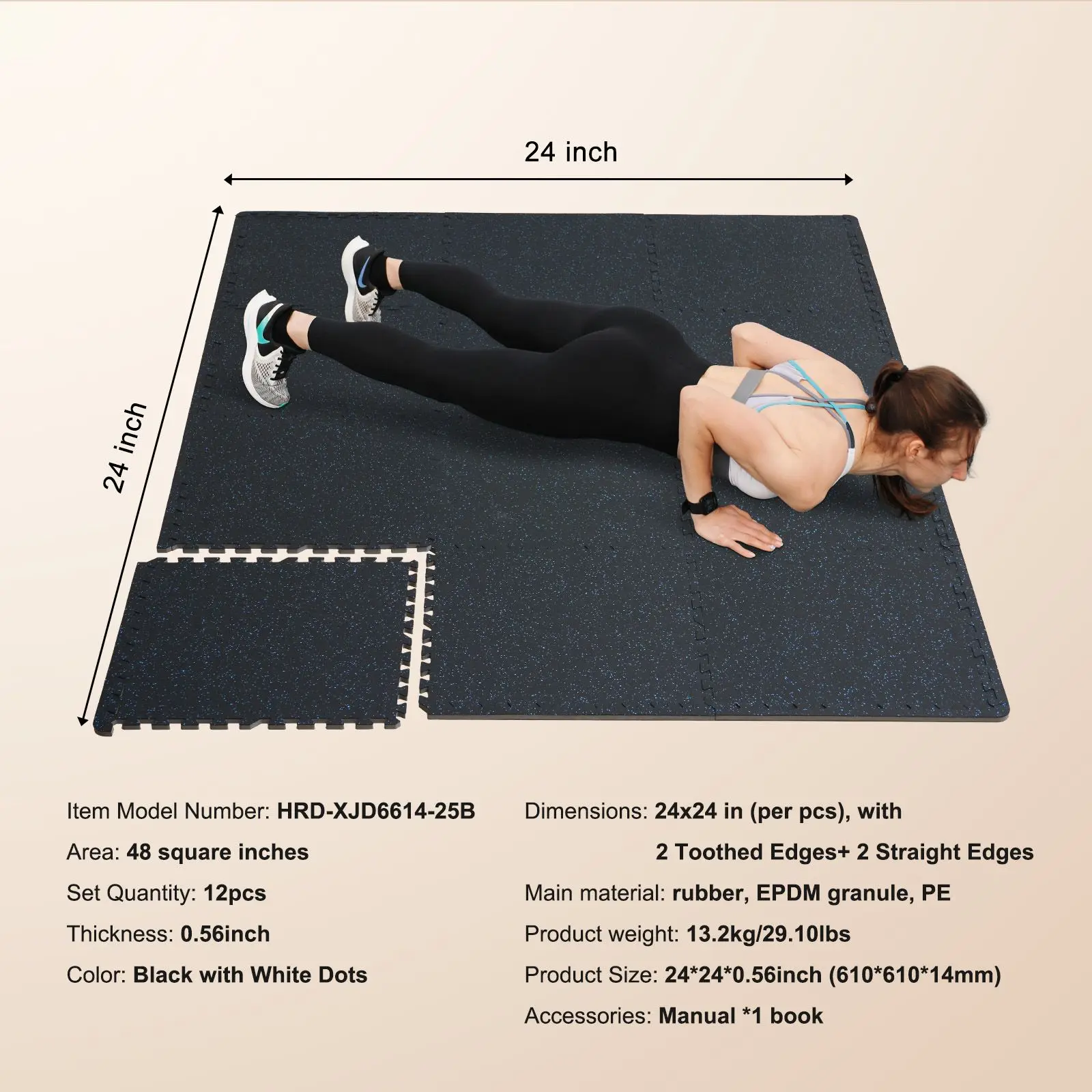 0.56 Inch Thick Gym Floor Mats, 12 Tiles Rubber Top with EVA Foam, 25