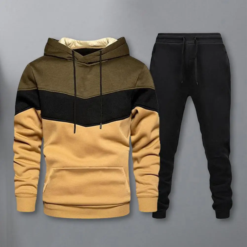 Simple Style Men Tracksuit Men's Hooded Sweatshirt Jogger Pants Set With Patchwork Color Design Front Pockets Elastic For Sports