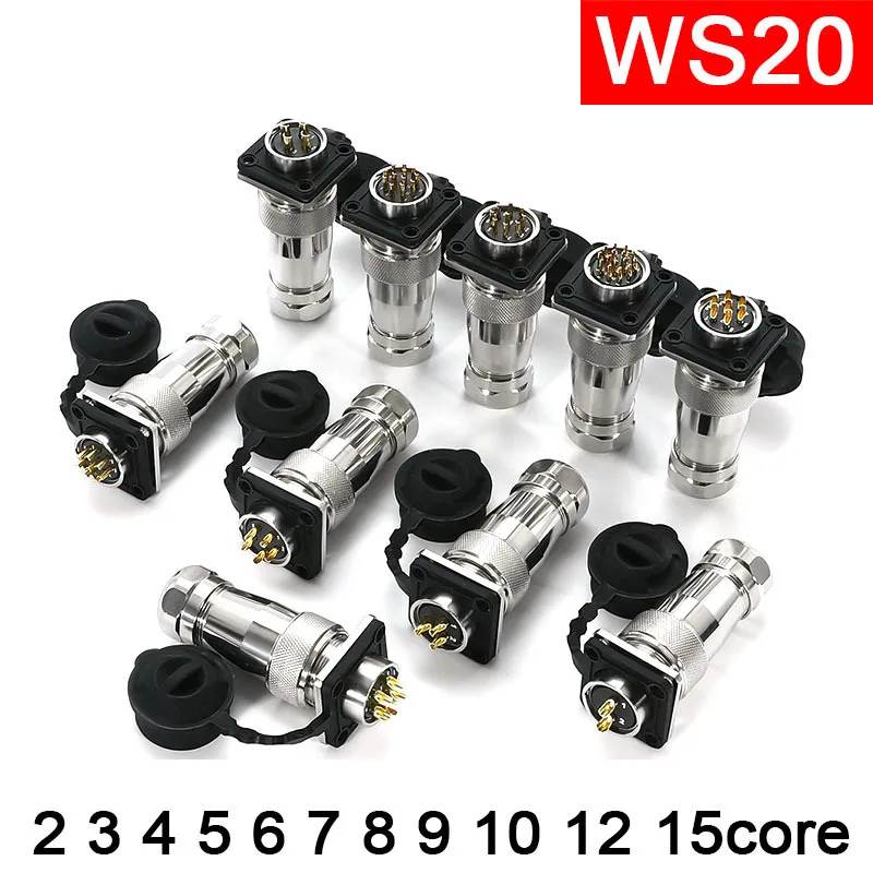 Waterproof IP67 WS20 Stainless Steel Aviation Plug Socket WS20-2P 3P 4P 5P 7 Core 9-Pin 10-Pin Connector 2 3 4 6 7 8 9 10 12 pin