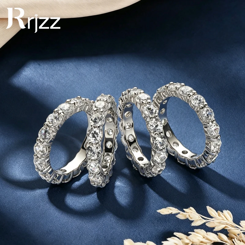 

Rrjzz 4MM Full Moissanite Wedding Eternity Ring for Women D-Color Lab Created Diamond Engagement Promise Ring GRA Jewelry Gifts