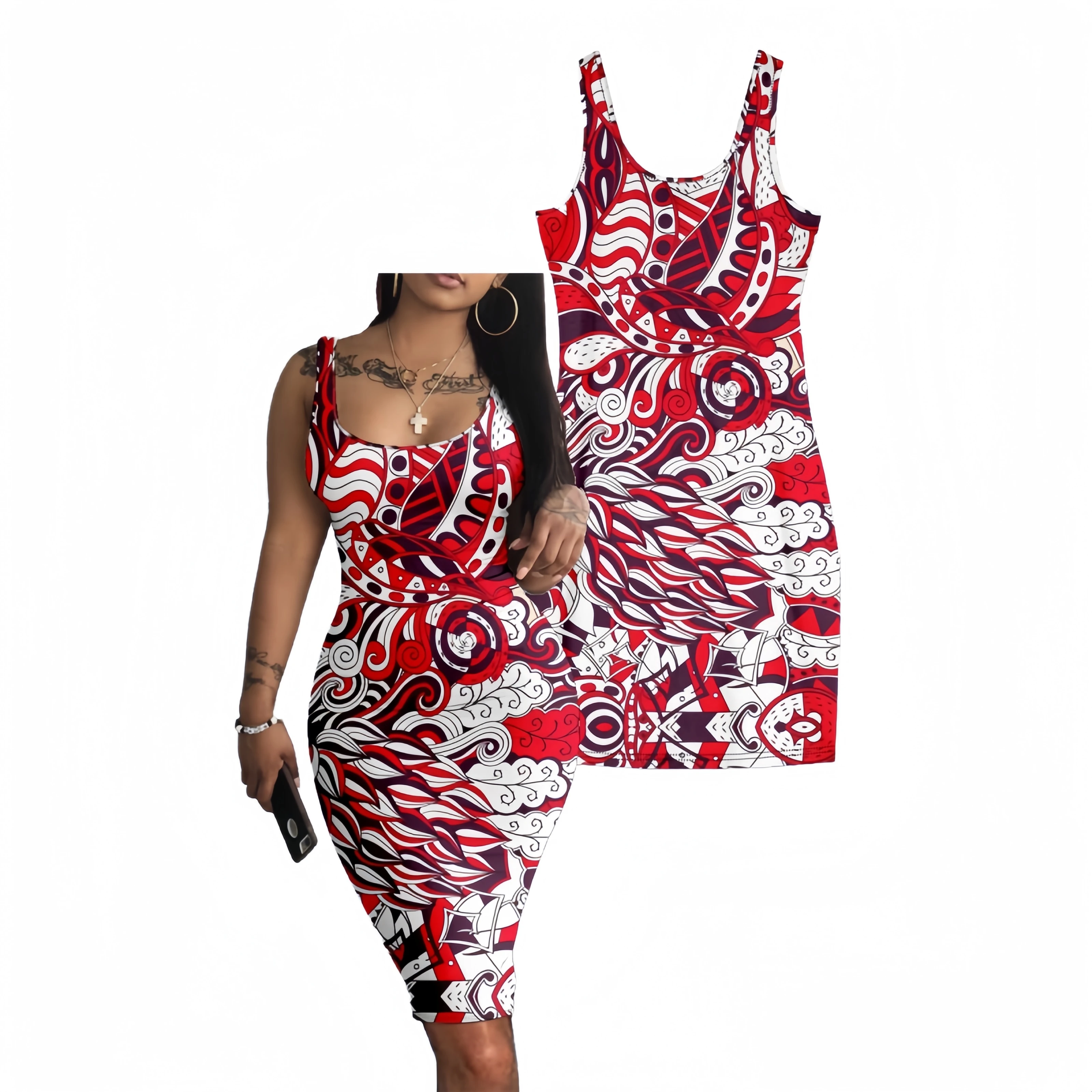 EU amerikanische Frauen Vintage Bodycon sexy Kleider abstrakt o Hals ärmellose Tank Röcke bosmian attactive rot buntes Kleid