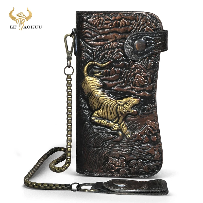 

2023 Hot Sale Luxury Male Genuine Real Leather Design Dragon Emboss Checkbook Iron Chain Organizer Wallet Purse Clutch 1088