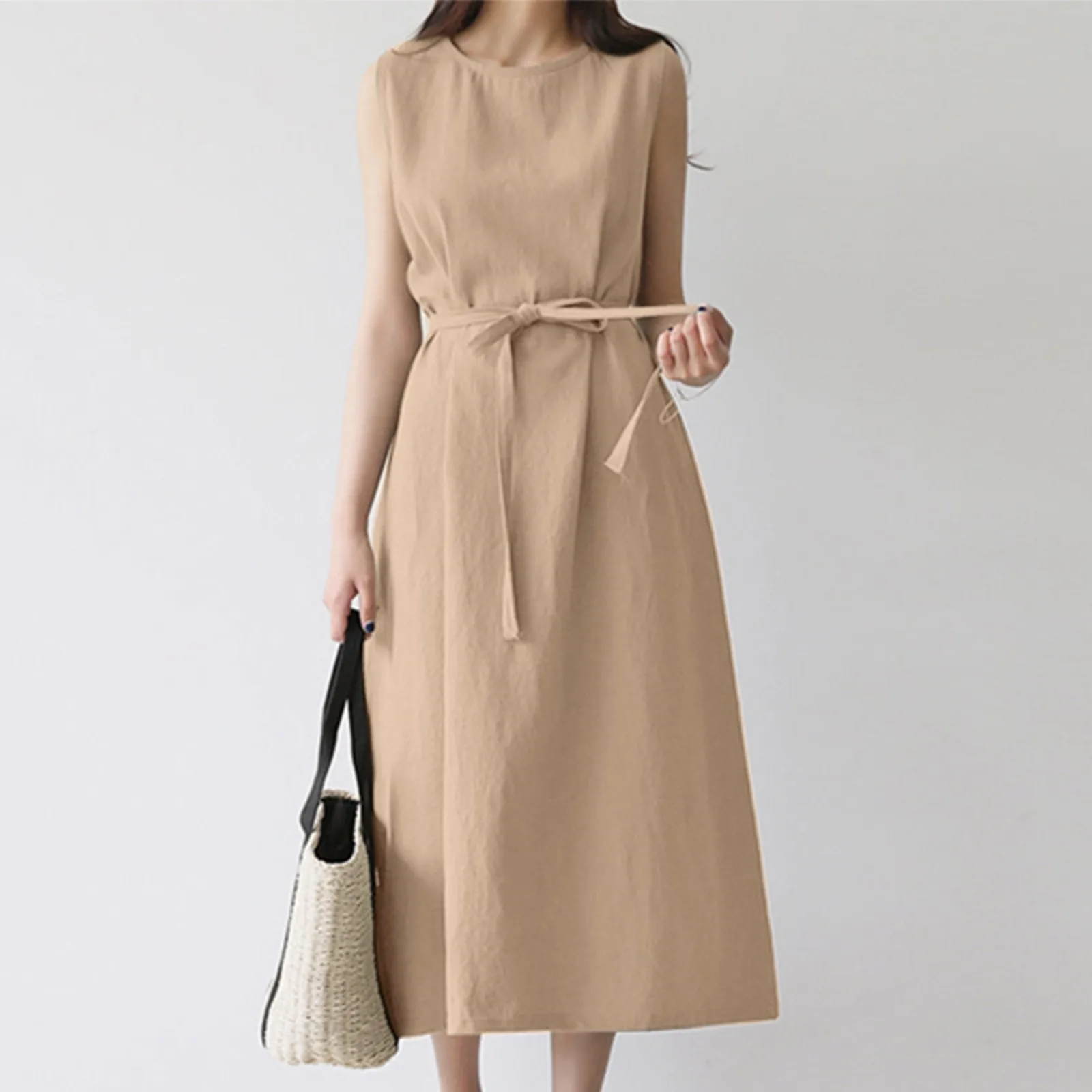 Simple fashion women's dress Loose Bohemian Sleeveless Round Neck long dresses Solid Color Cotton Linen Belt Elegant dress