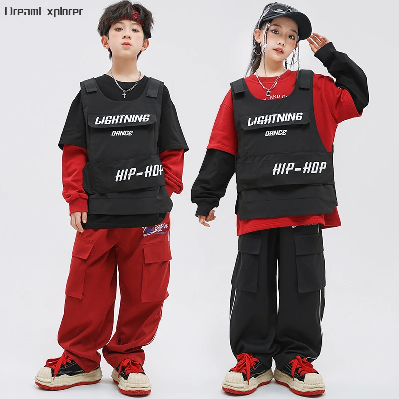 

Girls Hip Hop Vest Fake Two Piece Sweatshirt Cagro Pants Boys Streetwear Children Street Dance Fashion Top Kids Jazz Clothes Set