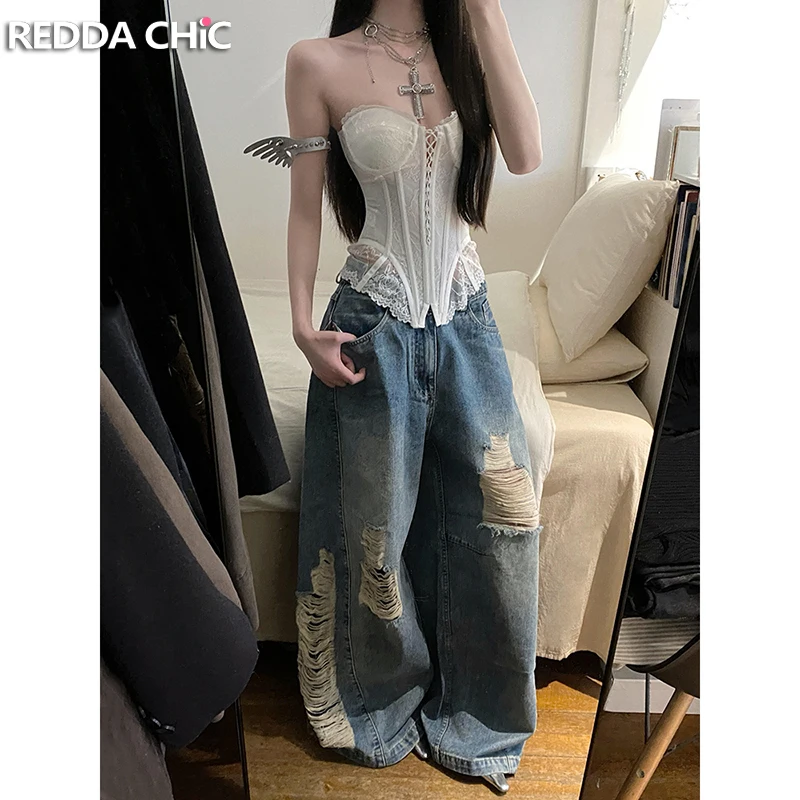 

Джинсы ReddaChic женские рваные, свободного кроя, в стиле скейтер, модные, с эффектом потертости, с низкой посадкой, с карманами, широкие брюки-трубы, в стиле хип-хоп, уличная мода