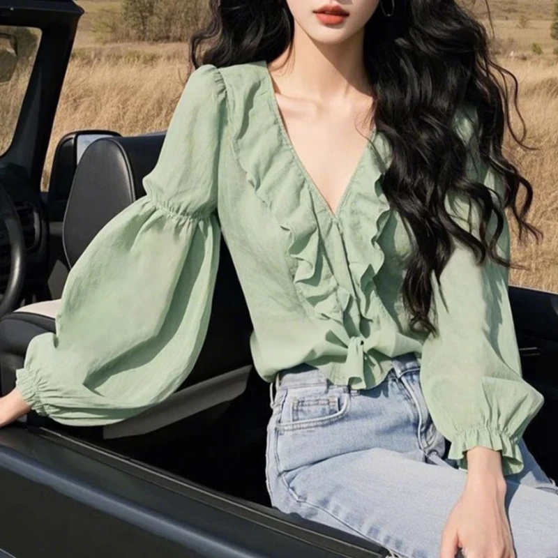 

Повседневные женские блузки, однотонные винтажные топы, модные свободные весенне-осенние корейские рубашки, шифоновые женские рубашки с длинными рукавами и рюшами