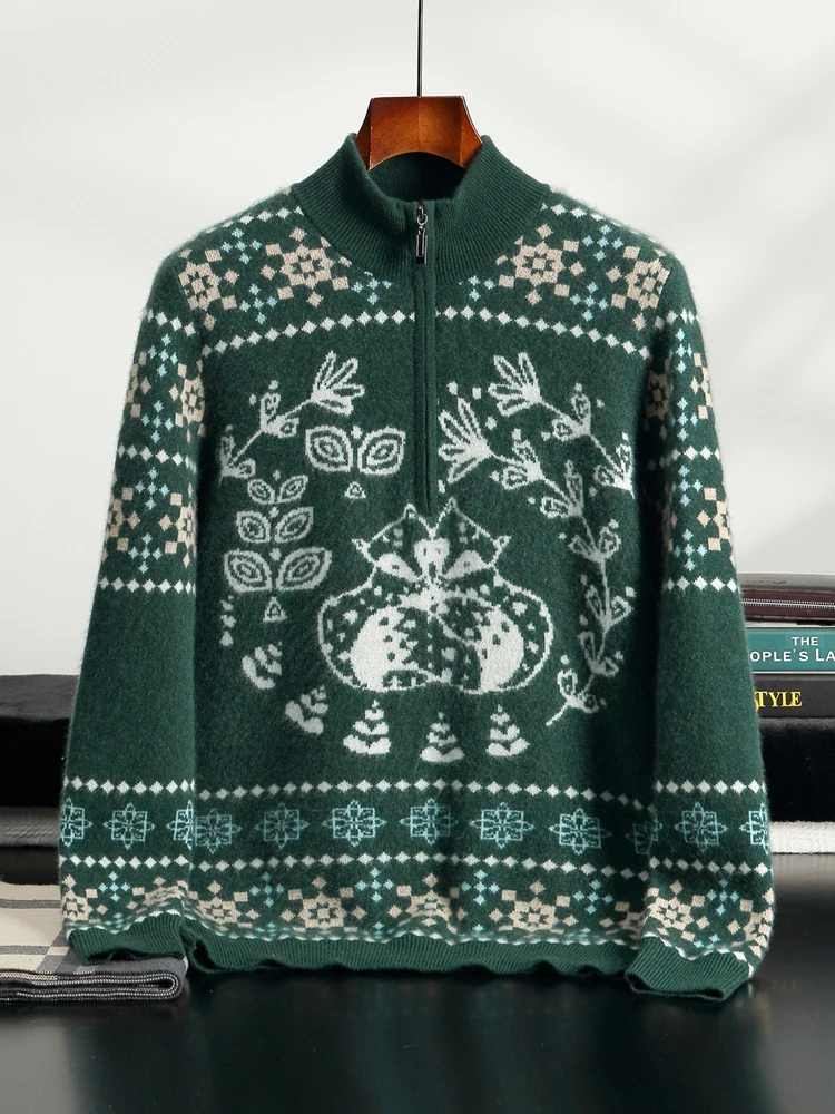 

2025 шикарный мужской толстый пуловер, осень-зима, ретро жаккардовый 100% кашемировый трикотаж, свитер с воротником-стойкой, мужская одежда высокого качества